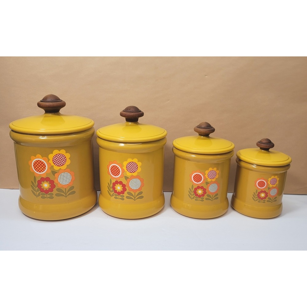 Vtg West Bend 4pc Metal Canister Set Harvest Gold Retro Floral Plastic Lids USA
